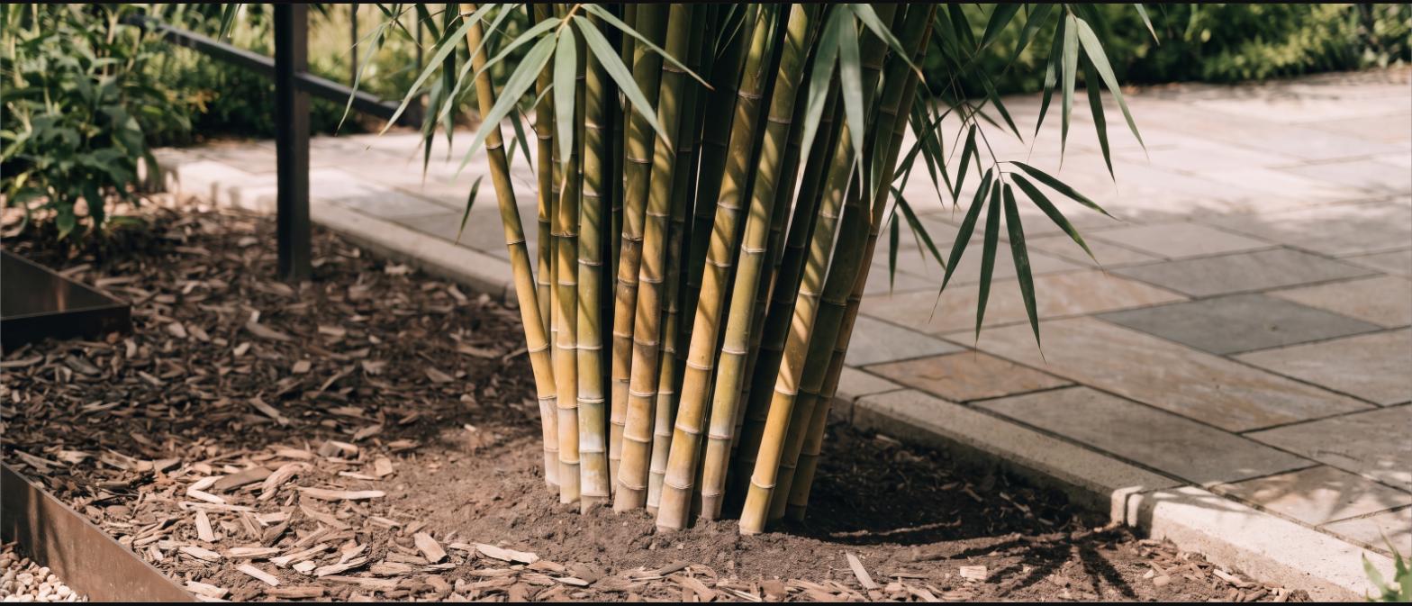 Tight clump of bamboo canes rising from a single base in a bed beside a paved patio