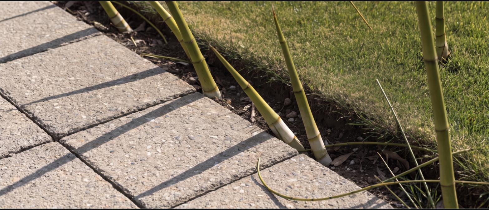 Bamboo shoots pushing up through the joints between patio pavers at a lawn edge